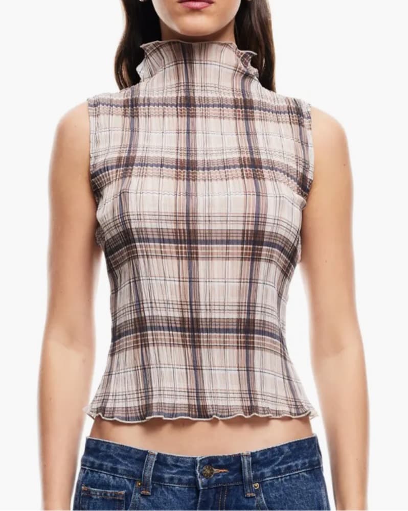 Ford Plaid Funnel Neck Plissé Top  - Image 1