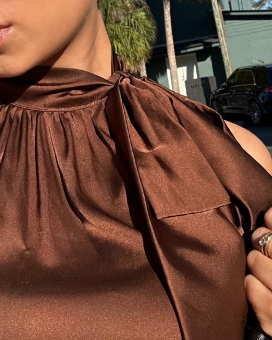 High Neck Brown Silk Maxi Dress - Image 2