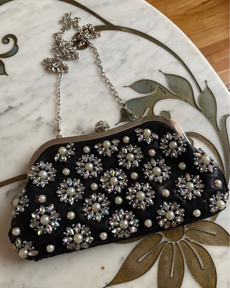 Beaded Evening Clutch Black White Silver - Image 2