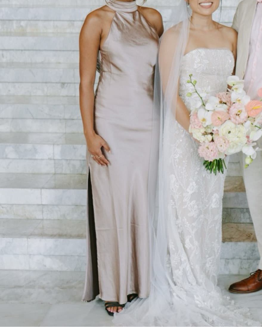 Claire Satin Halter Dress In Taupe - Image 3