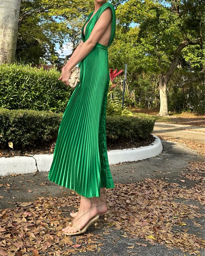Vibrant Green Pleated Maxi Dress - Image 4