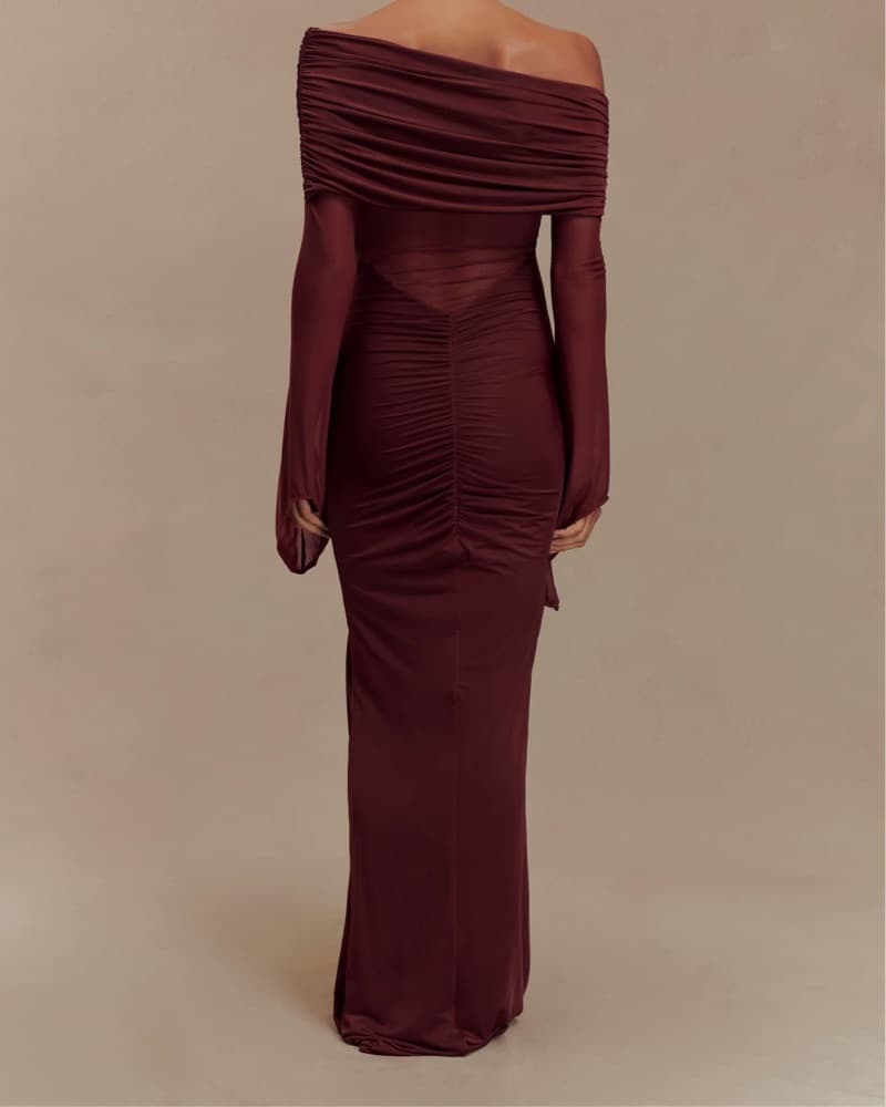 Burgundy Off-the-Shoulder Ruched Maxi Dress - Image 2