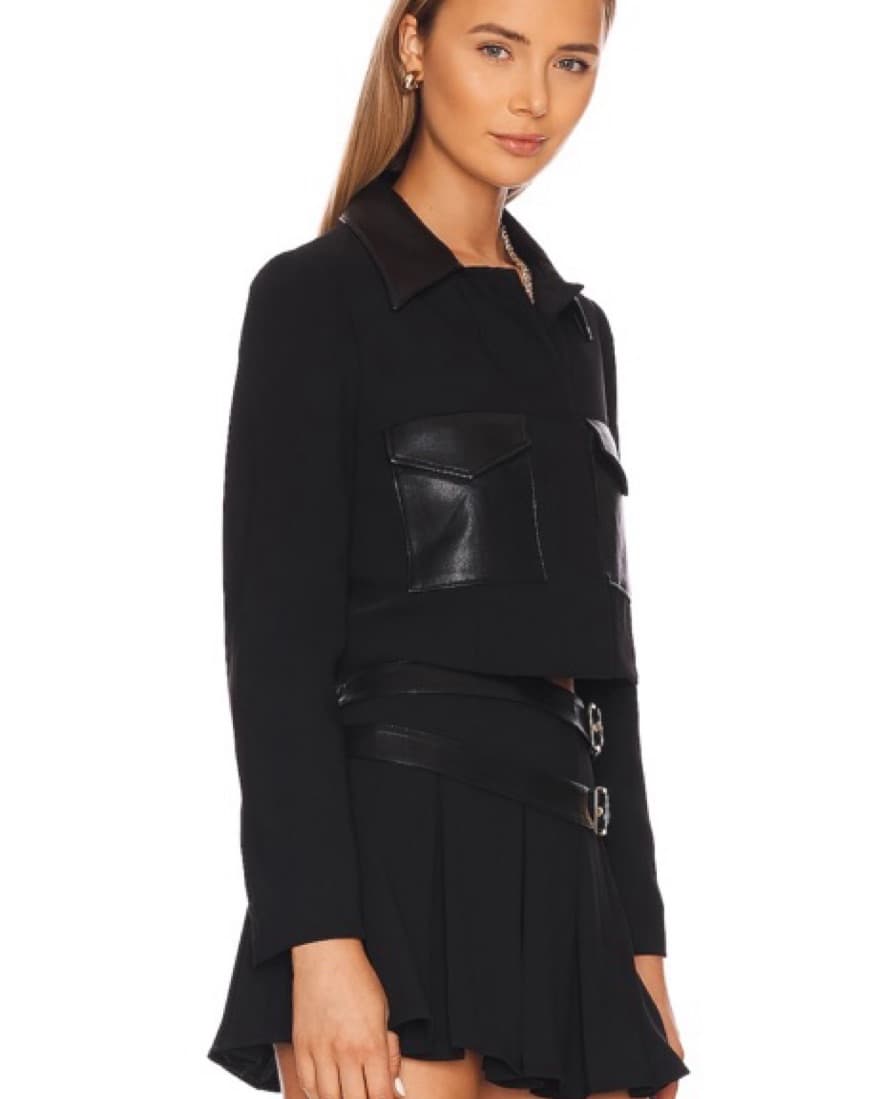 Sleek Black Cropped Jacket with Pleated Mini Skirt Set - Image 2
