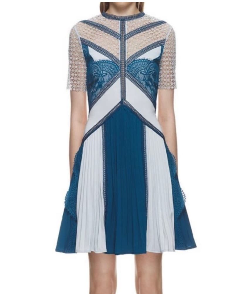 Self Portrait Lace Panel Pleated Blue Mi - Image 1