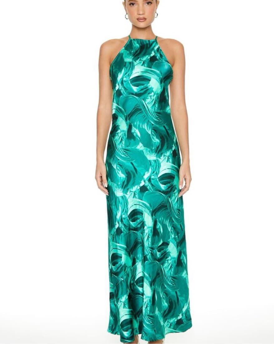 Satin Abstract Print Maxi Dress In Green - Image 1