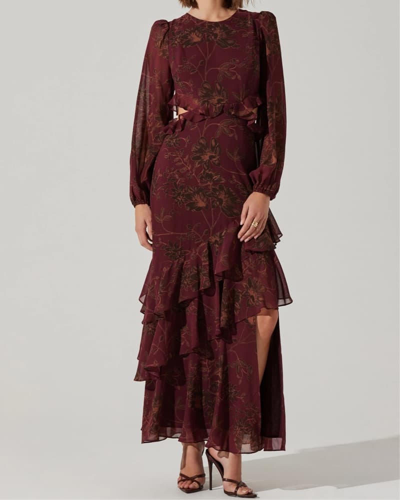 ASTR Burgundy Floral Ruffle Maxi Dress - Image 1