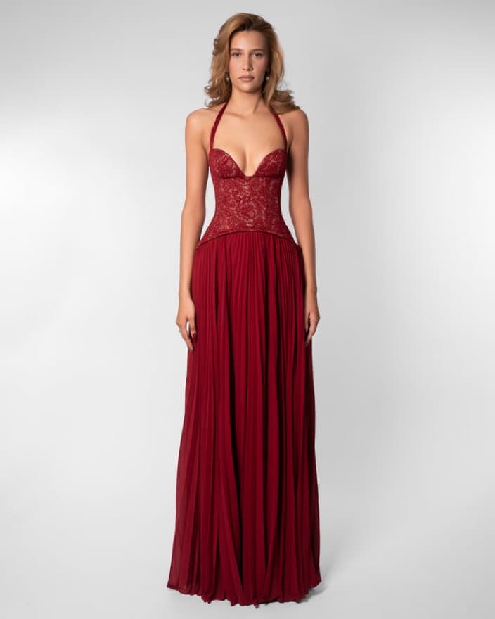FENITY Gaia Crimson Red Lace Corset Halter Gown - Image 2