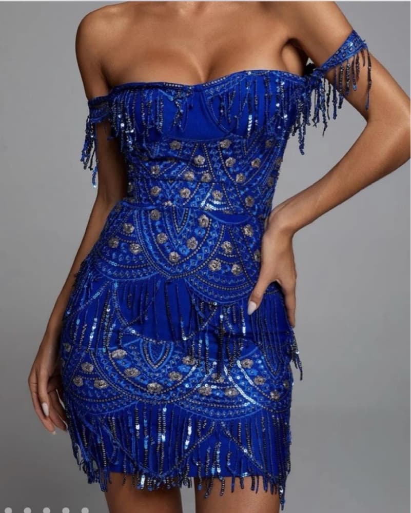 Bella Barnett Blue Sequin Fringe Dress - Image 1