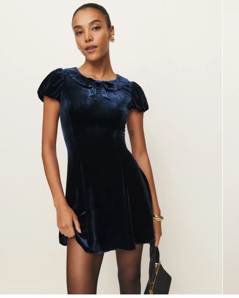 Reformation Lynette Velvet Dress Navy - Image 1