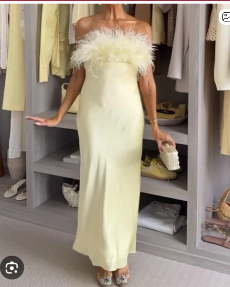 Yellow Strapless Feathered Formal Dress - Image 2