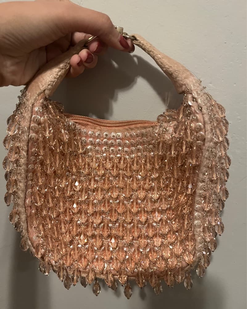 Glimmering Rose Gold Beaded Fringe Clutch - Image 2