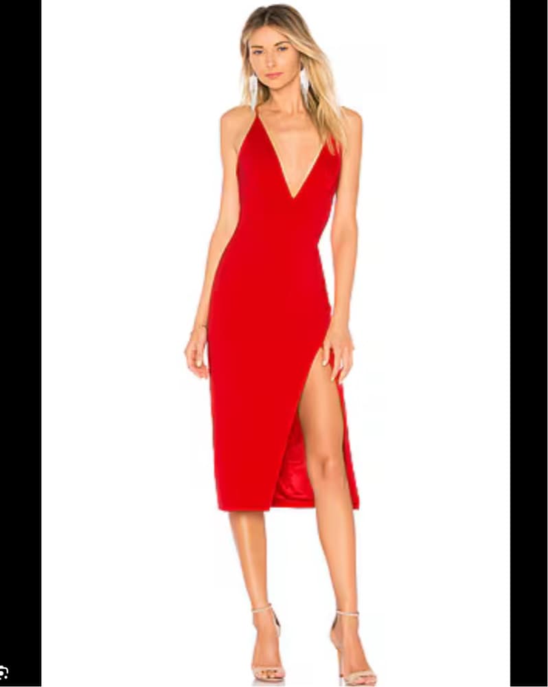 Red Deep V Midi Dress - Image 1