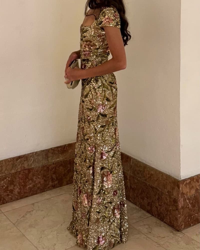 Theia Gold Floral Sequin Gown - Image 2