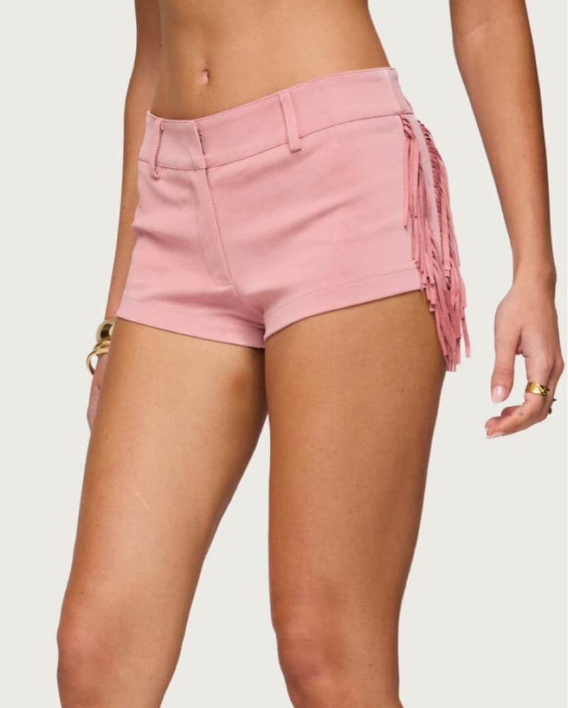 Pink Suede Fringe Shorts - Image 1