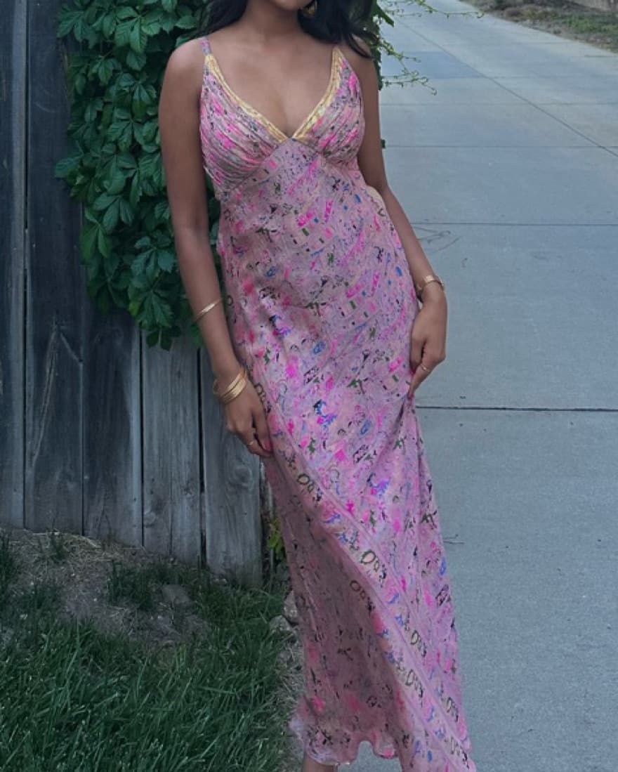 Pink Silk Patterned Dress - Image 2