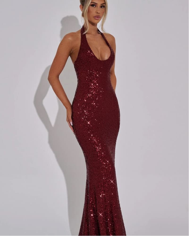 Stunning Burgundy Sequin Halter Gown - Image 2