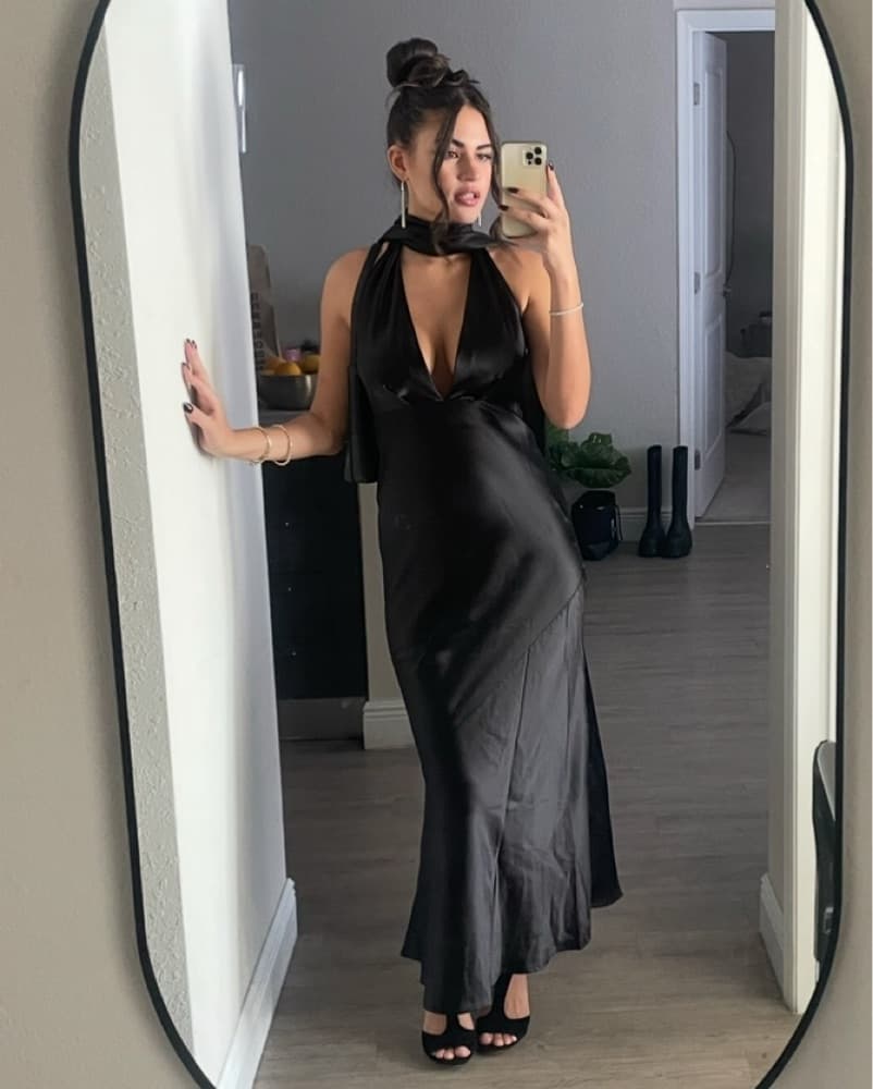 Black Satin Halter Maxi Dress W Scarf - Image 2