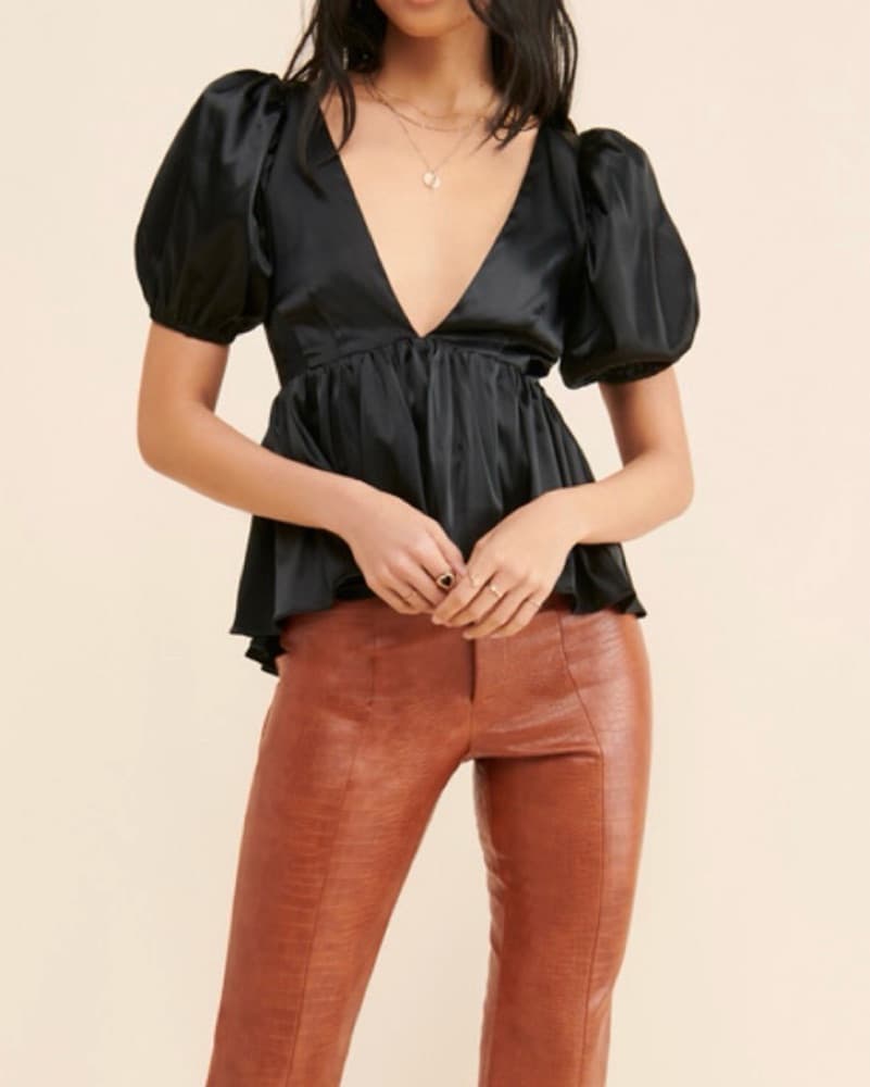 Black Satin Top with Puff Sleeves  - Image 3