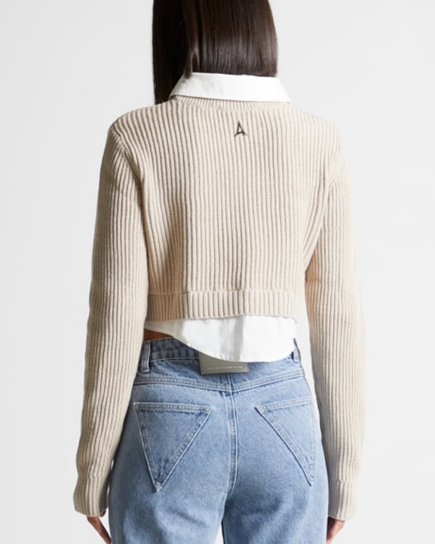 Ribbed Cropped Sweater With Shirt Detail - Image 3