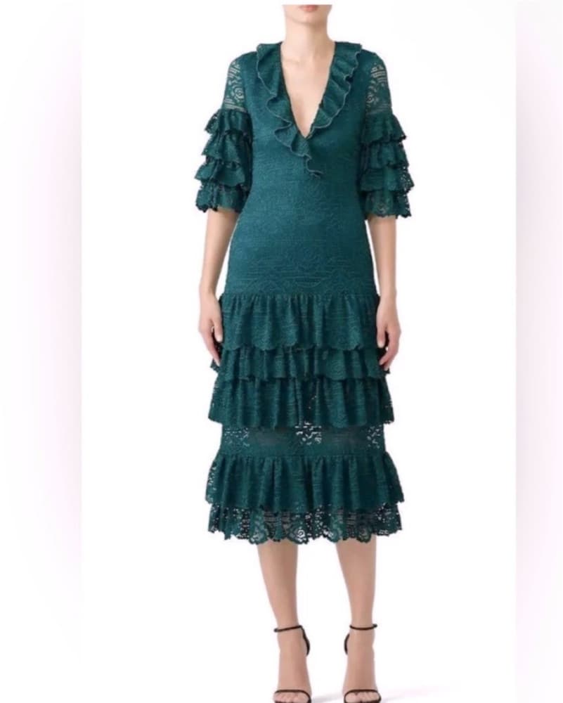 Elegant Emerald Lace Ruffle Midi Dress - Image 1