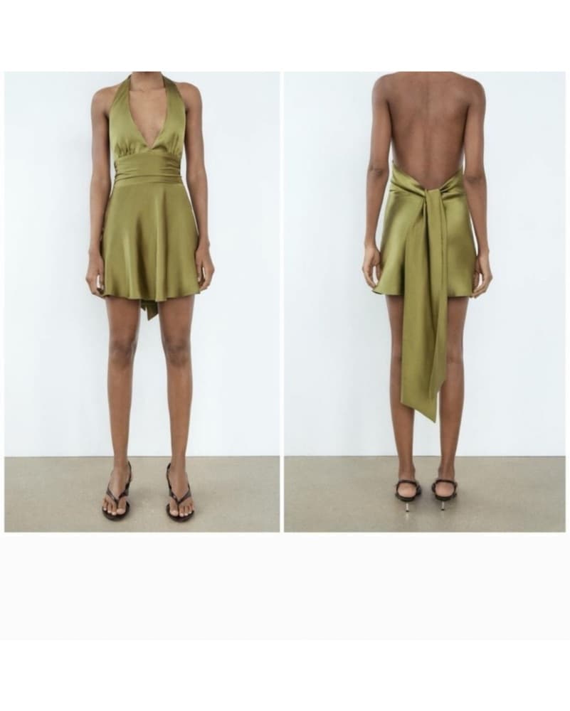 Zara Satin Olive Green Halter Dress - Image 4
