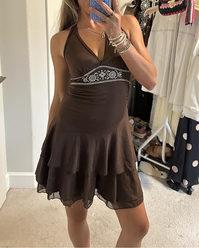 Brown Ruffle Mini Dress - Image 3