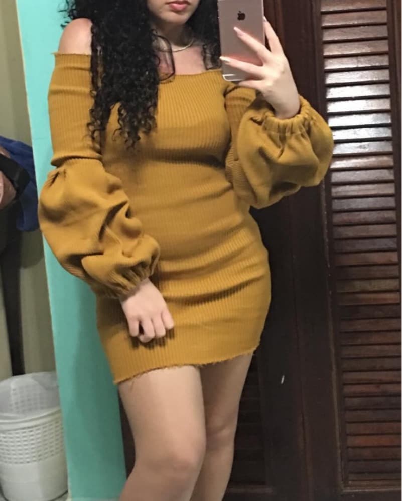 Mustard Ribbed Bodycon Dress - Image 1
