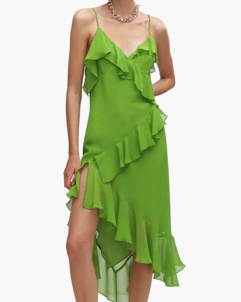 Green Ruffle Asymetric Midi Dress - Image 1