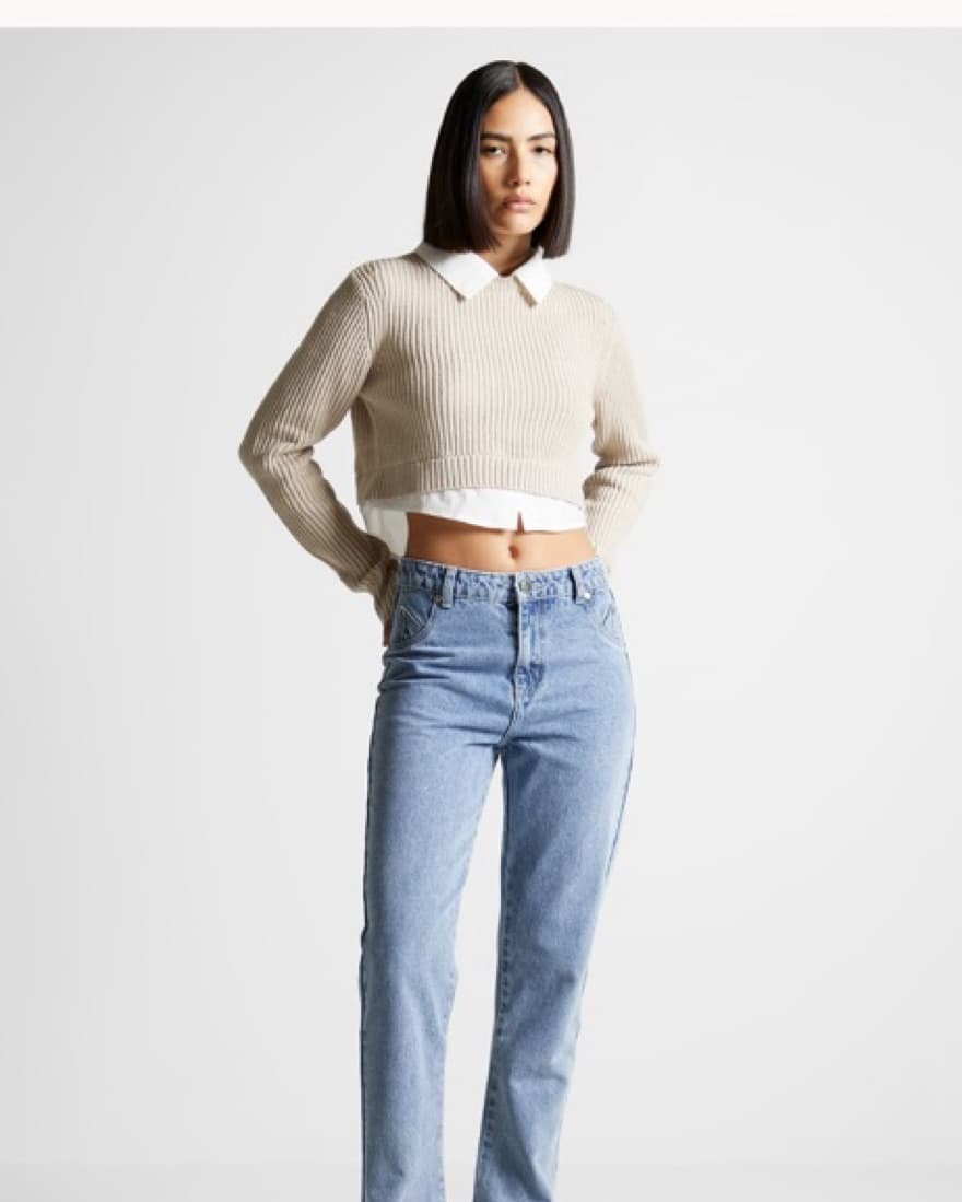 Ribbed Cropped Sweater With Shirt Detail - Image 2