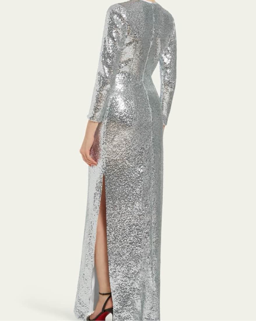 MARKARIAN Silver Sequin Long Sleeve Gown - Image 4