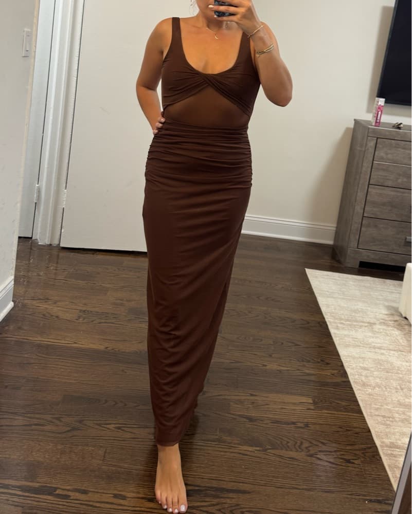Ruched Maxi Dress in Rich Brown - Image 1