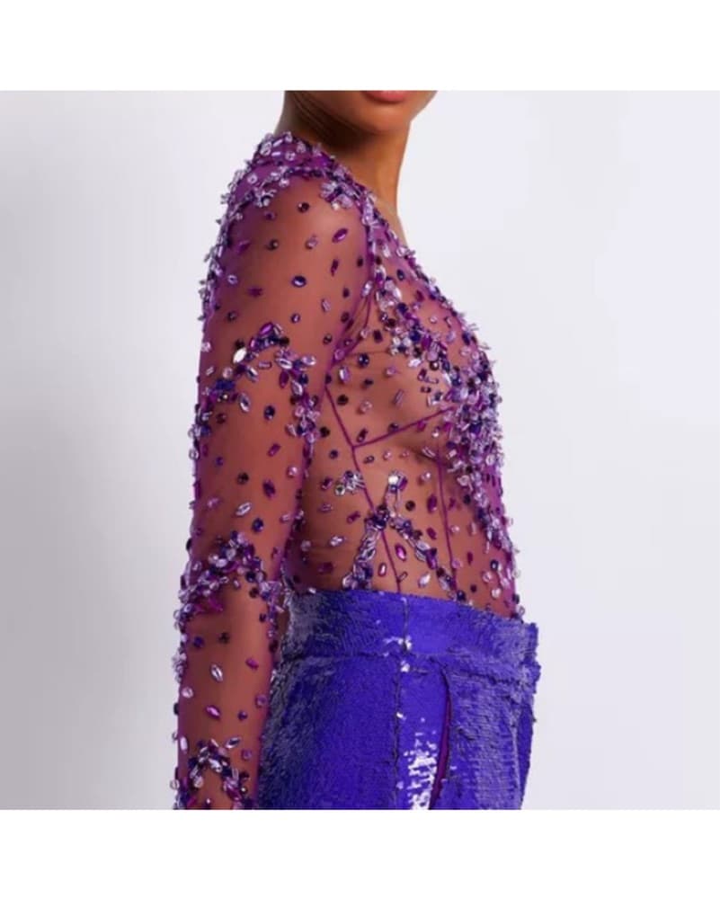Patbo Beaded Crystal Sheer Bodysuit S - Image 4