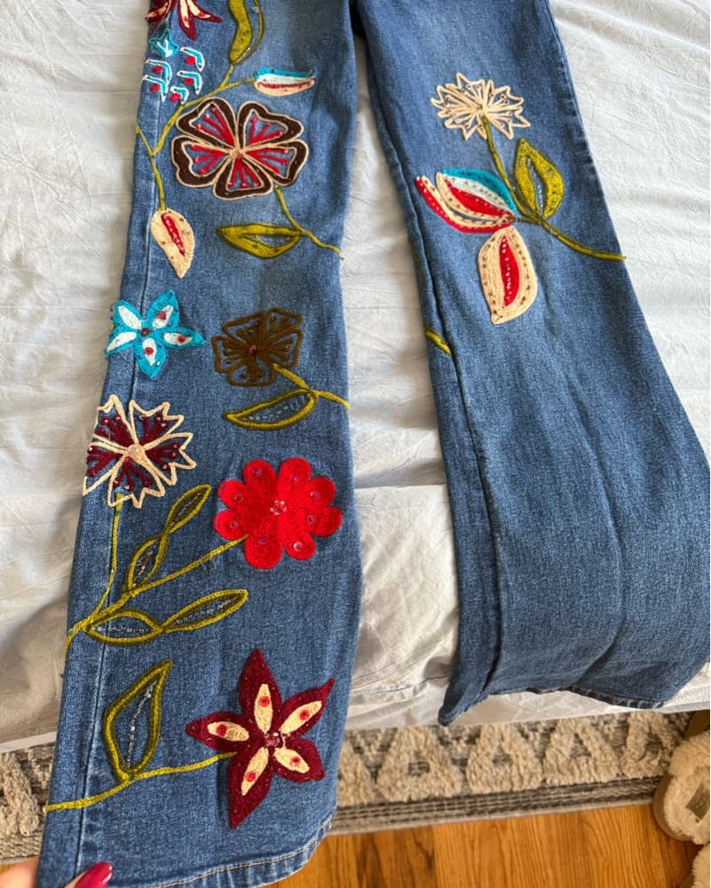 Vibrant Floral Embroidered Denim Jeans - Image 5