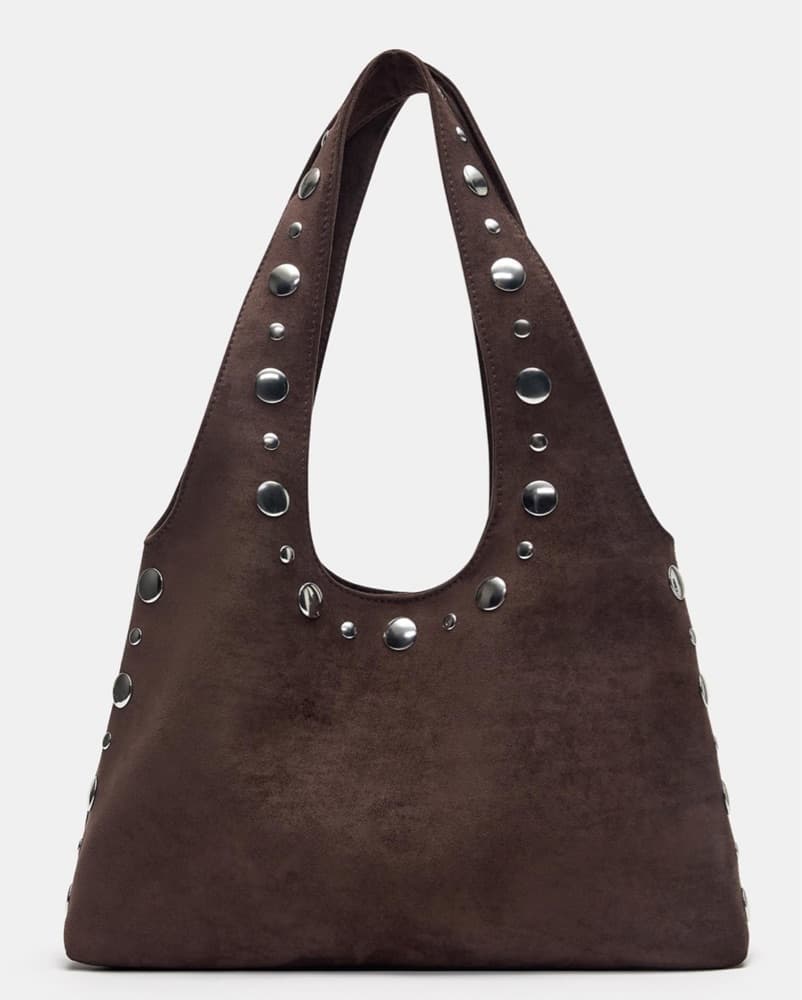 Pull & Bear Studded Suede Hobo Bag - Image 1