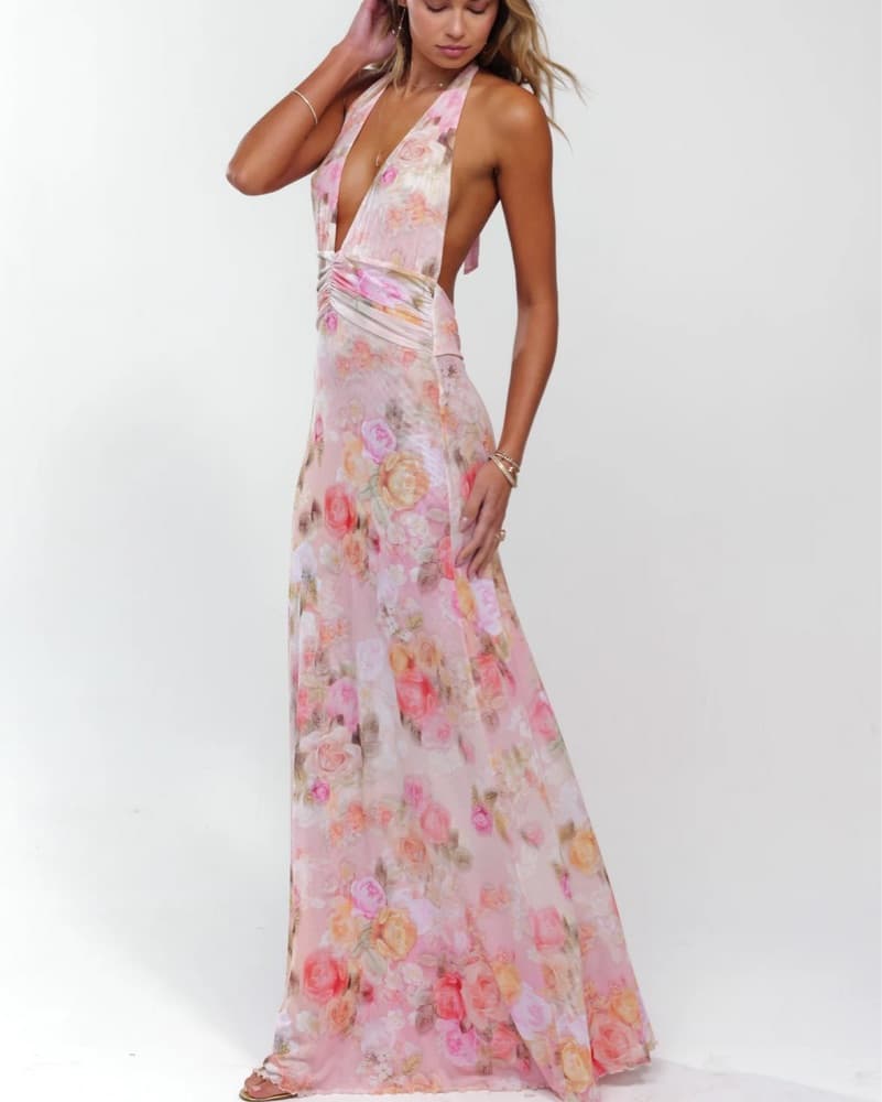 Open Back Pink Floral Maxi Dress - Image 3
