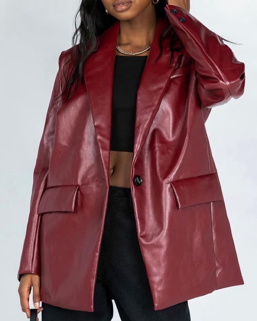 JOCELYN FAUX LEATHER BLAZER BURGUNDY - Image 4