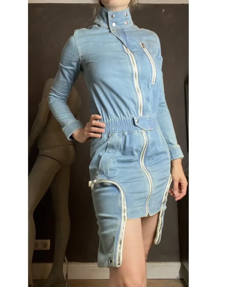 Rick Owens Blue Denim Cargo Mini Dress - Image 2