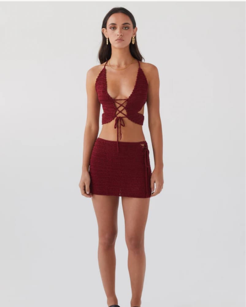 Red Crochet Mini Skirt And Top Set - Image 1