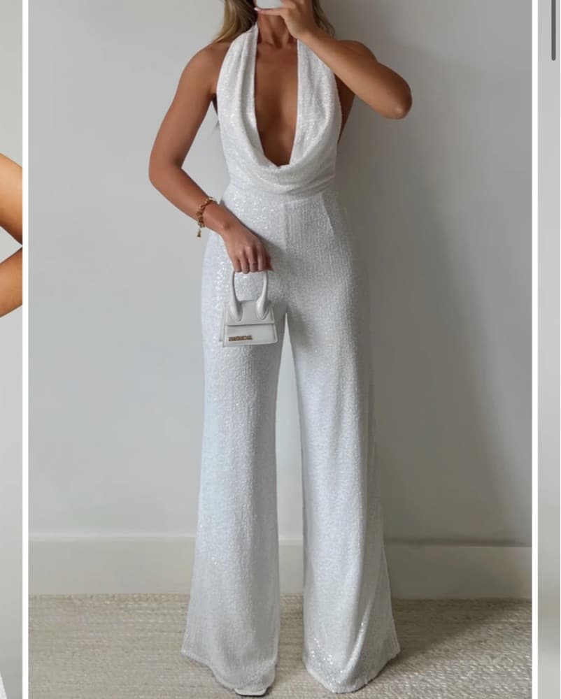 Shimmering Sequin Jumpsuit with Feathered Accents - Image 1