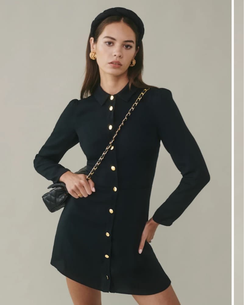 Reformation Hugh Black Button Mini Dress - Image 2