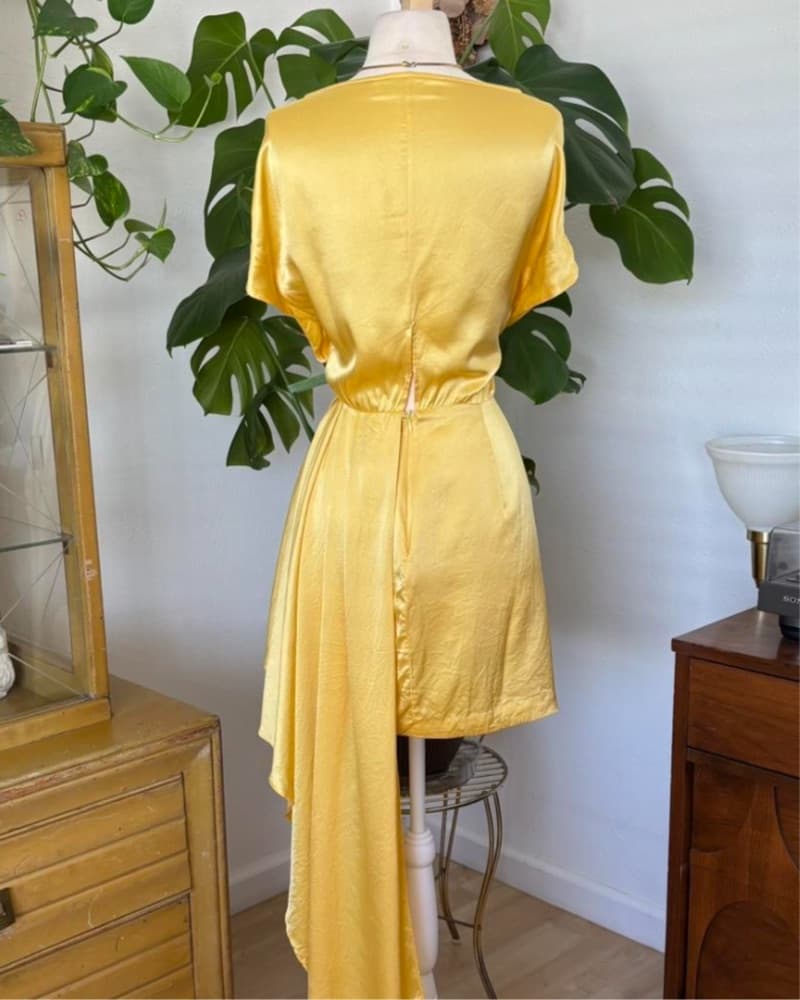 Radiant Satin Yellow Wrap Dress - Image 5
