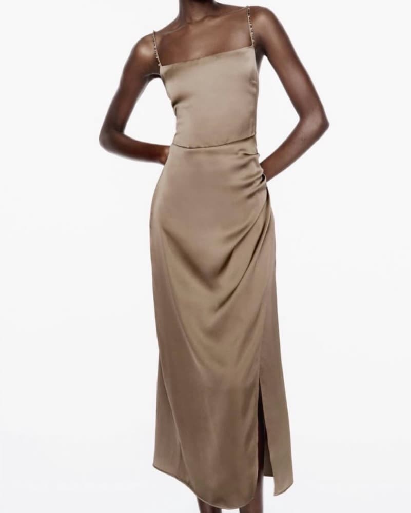 Zara Gold Satin Midi Dress - Image 2