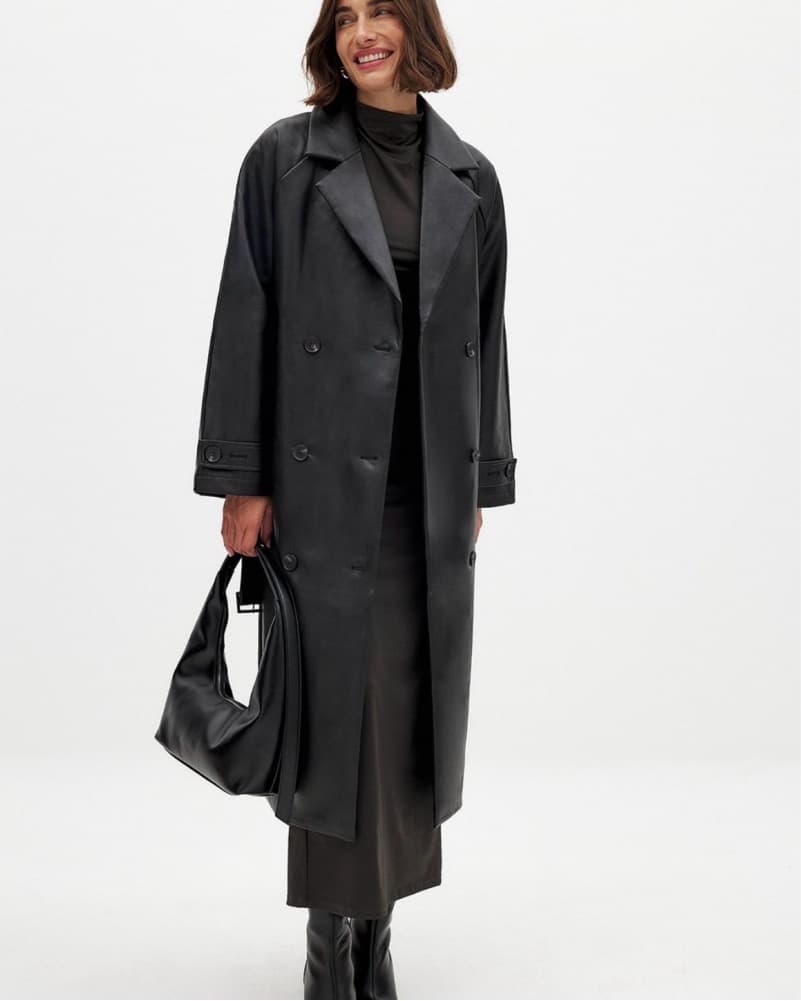 Long Black Belted Leather Trenchcoat - Image 1
