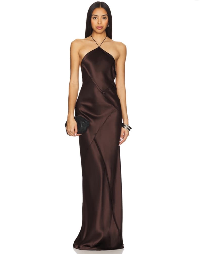 Chocolate Brown Halter Neck Satin Gown - Image 3