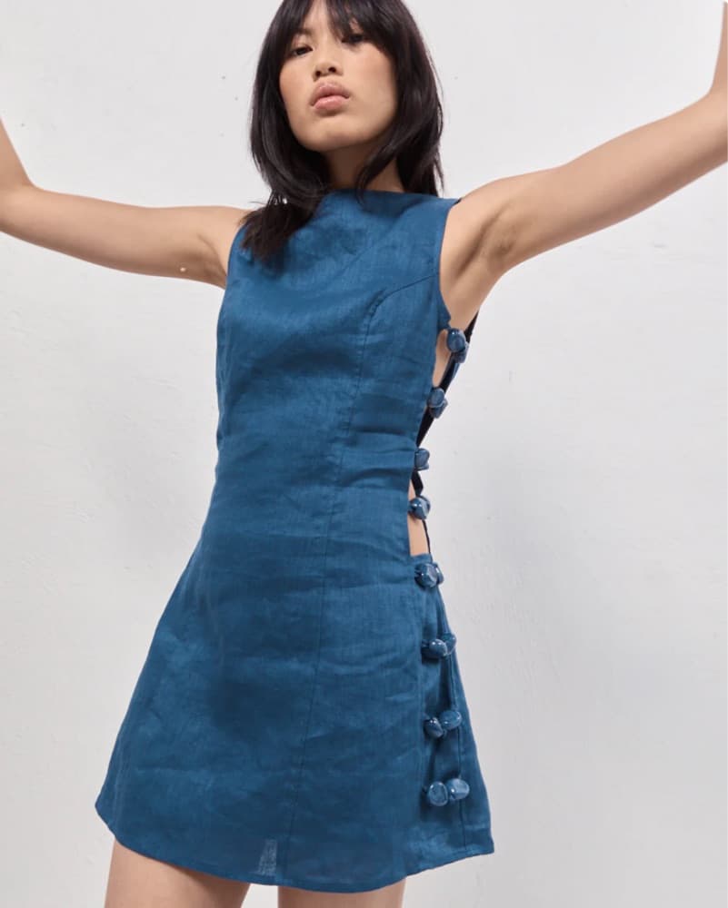 Blue Linen Mini Dress With Side Cutouts - Image 2