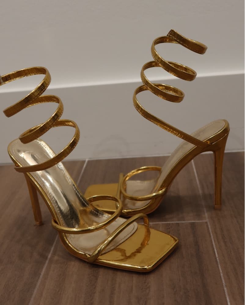 Glamorous Gold Tie Leg Stiletto Heels - Image 4