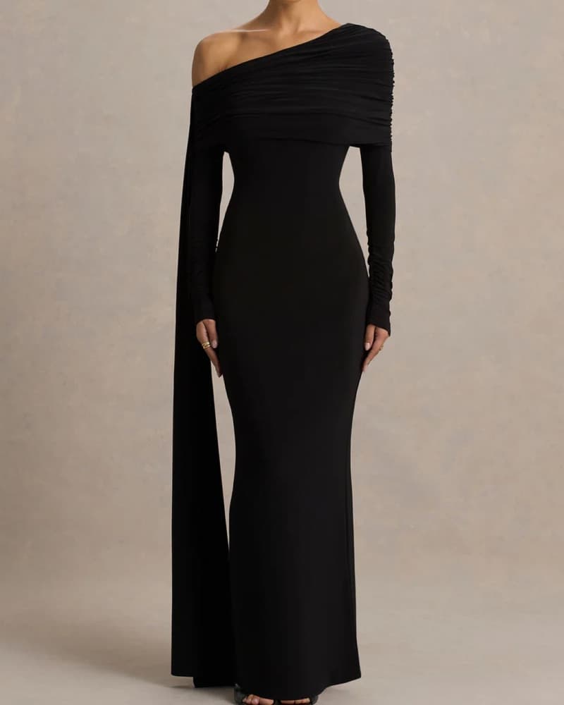 OCTAVIA Black Bardot-Neck Maxi Dress - Image 1