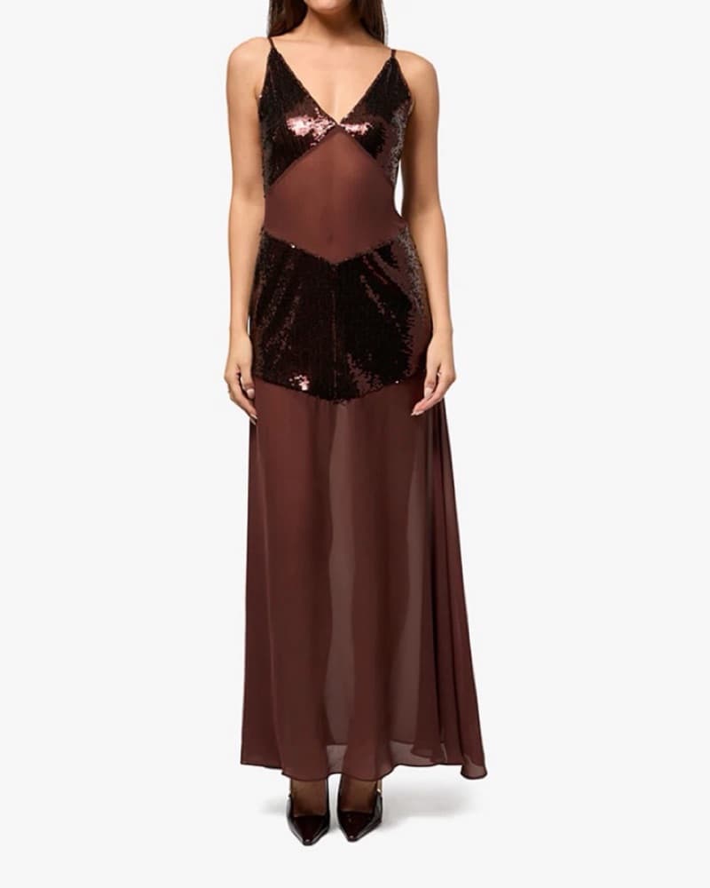 Brown Sequin Sheer Floor Length Gown  - Image 3