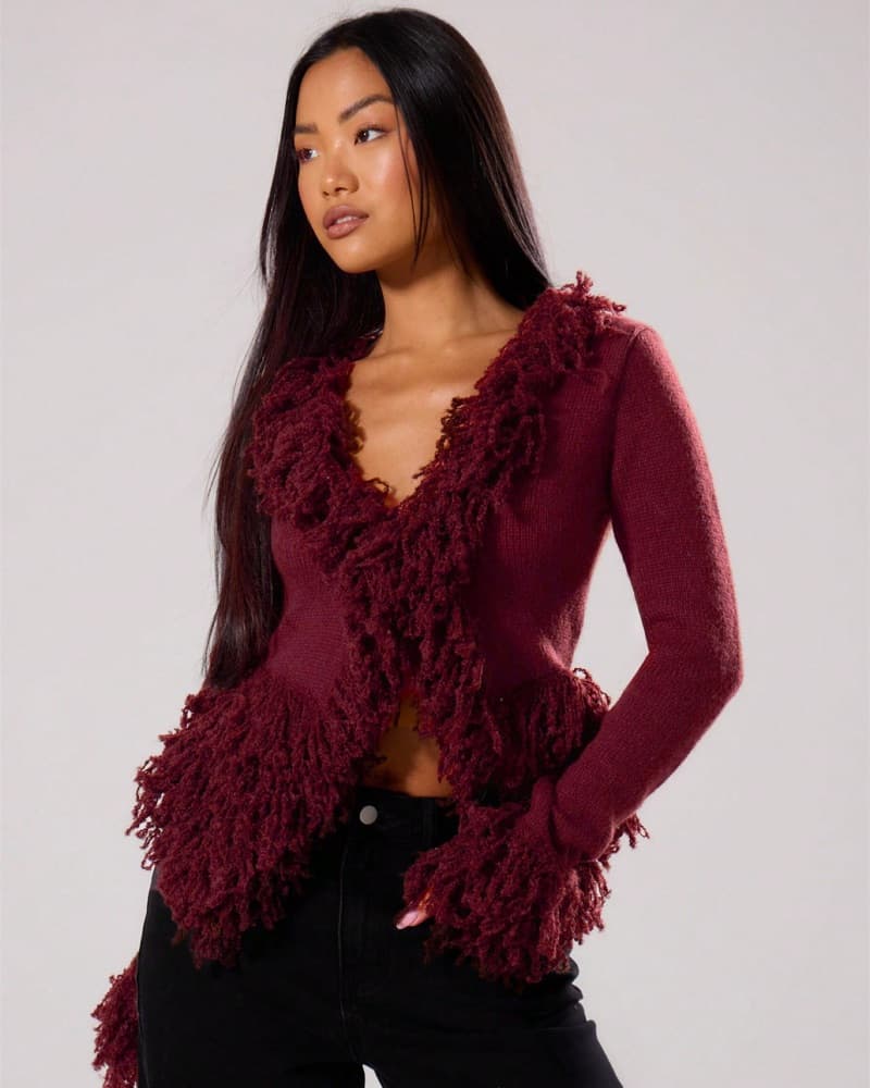 Burgundy Fringe Trim Knit Cardigan  - Image 1