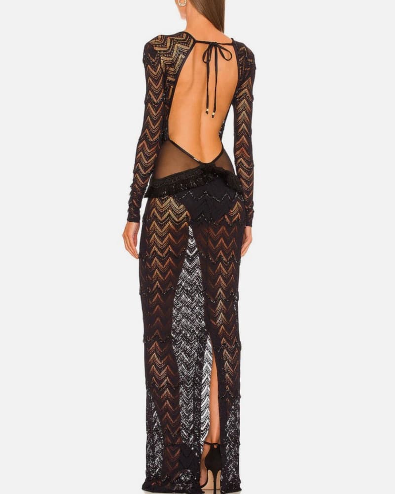 Black Beaded Sheer V-Neck Maxi Dress - Image 3
